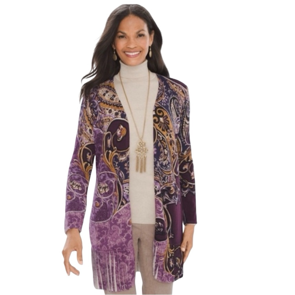 Chico’s Purple Paisley Open Front Long Cardigan Sweater Regencycore Cozy Classy